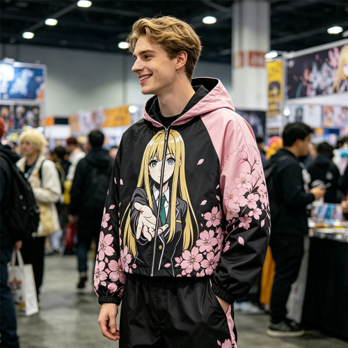 Screen Patchwork DTG Print Anime Cropped Hooded Jacket | Cherry Blossom Streetwear | Streetwear Manufacturer