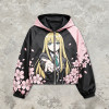 Screen Patchwork DTG Print Anime Cropped Hooded Jacket | Cherry Blossom Streetwear | Streetwear Manufacturer
