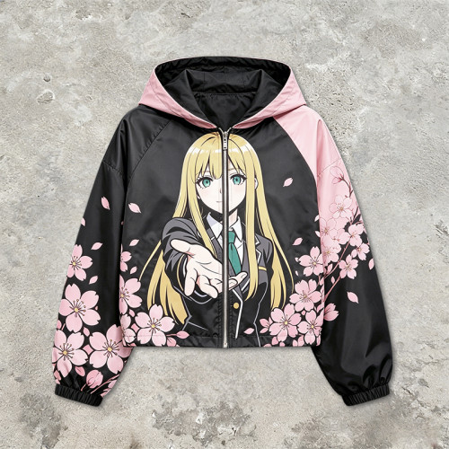 Screen Patchwork DTG Print Anime Cropped Hooded Jacket | Cherry Blossom Streetwear | Streetwear Manufacturer