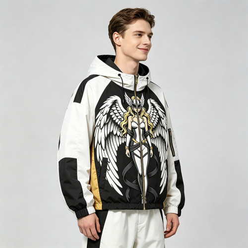 Screen Print Patchwork Anime Graphic Hooded Jacket | Color Block Streetwear Jacket | Custom Streetwear