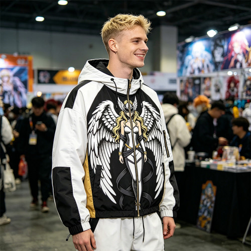 Screen Print Patchwork Anime Graphic Hooded Jacket | Color Block Streetwear Jacket | Custom Streetwear