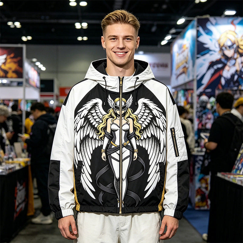 Screen Print Patchwork Anime Graphic Hooded Jacket