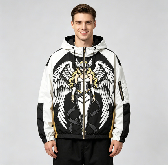 Screen Print Patchwork Anime Graphic Hooded Jacket | Color Block Streetwear Jacket | Custom Streetwear