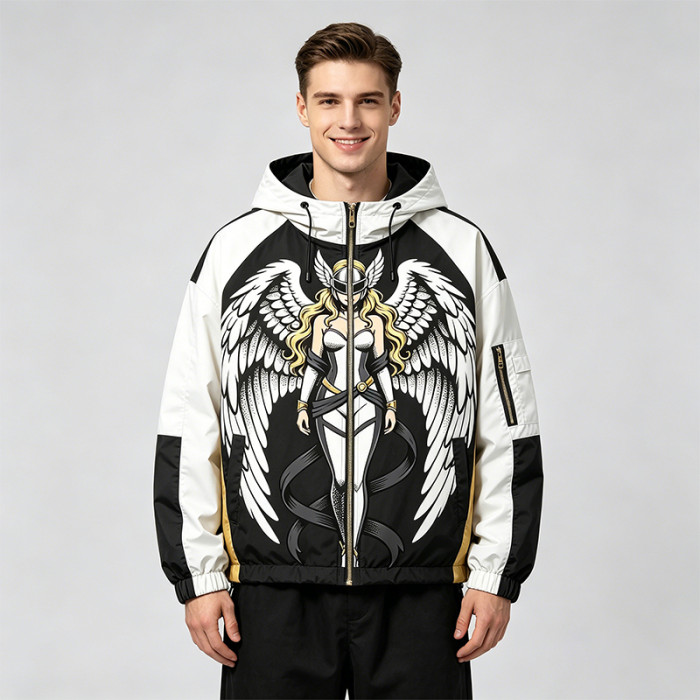 Screen Print Patchwork Anime Graphic Hooded Jacket | Color Block Streetwear Jacket | Custom Streetwear