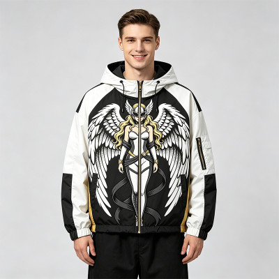 Screen Print Patchwork Anime Graphic Hooded Jacket | Color Block Streetwear Jacket | Custom Streetwear