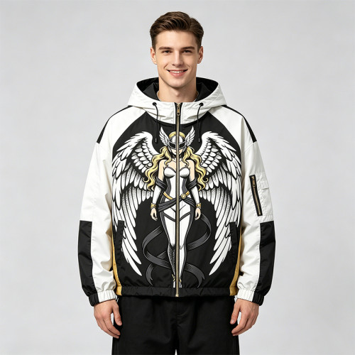 Screen Print Patchwork Anime Graphic Hooded Jacket | Color Block Streetwear Jacket | Custom Streetwear