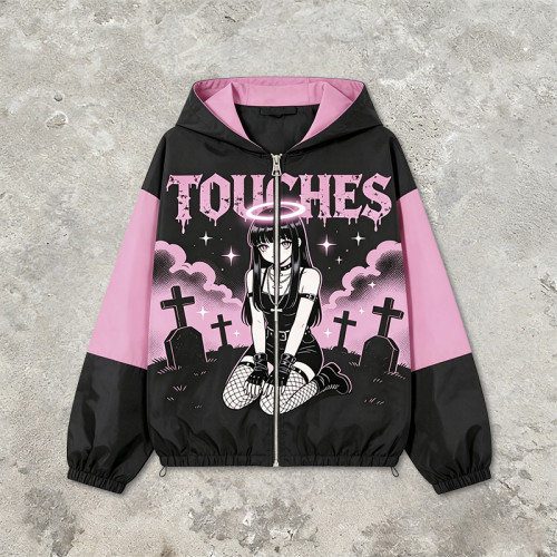 Screen Print Color Block Patchwork Anime Jacket | Gothic Cartoon Hooded Windbreaker | Custom Streetwear
