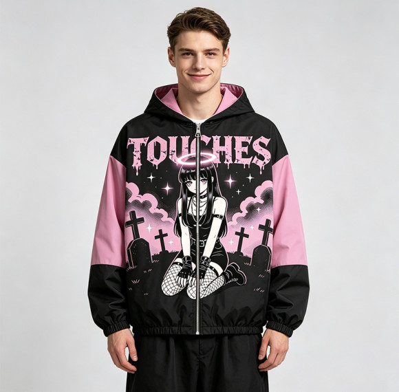Screen Print Color Block Patchwork Anime Jacket | Gothic Cartoon Hooded Windbreaker | Custom Streetwear