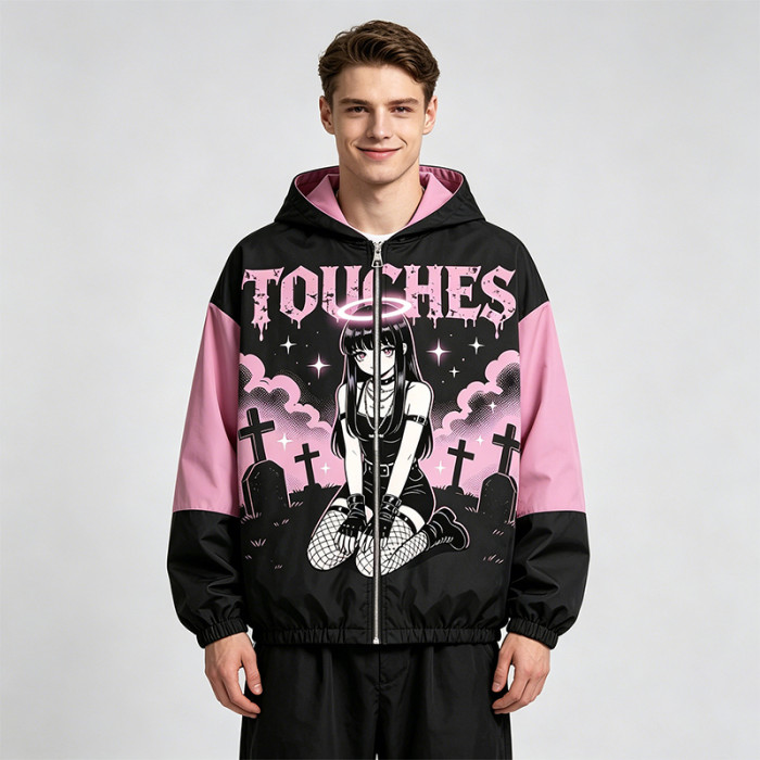 Screen Print Color Block Patchwork Anime Jacket | Gothic Cartoon Hooded Windbreaker | Custom Streetwear