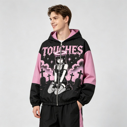 Screen Print Color Block Patchwork Anime Jacket | Gothic Cartoon Hooded Windbreaker | Custom Streetwear