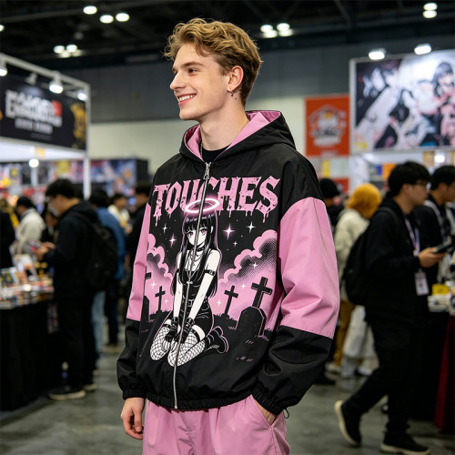 Screen Print Color Block Patchwork Anime Jacket | Gothic Cartoon Hooded Windbreaker | Custom Streetwear