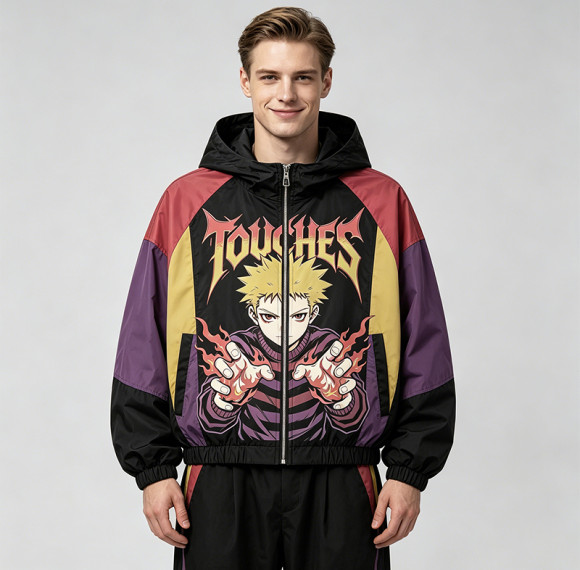 Patchwork Color Block Screen Anime Print Jacket |Hooded Windbreaker Jacket | Custom Streetwear Manufacturer