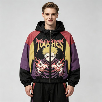 Patchwork Color Block Screen Anime Print Jacket |Hooded Windbreaker Jacket | Custom Streetwear Manufacturer