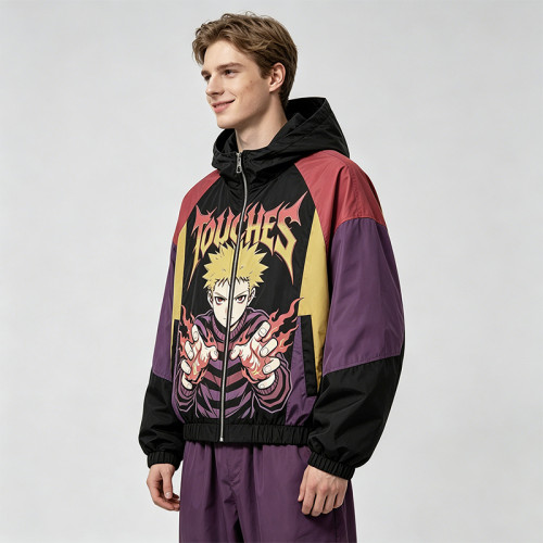 Patchwork Color Block Screen Anime Print Jacket |Hooded Windbreaker Jacket | Custom Streetwear Manufacturer