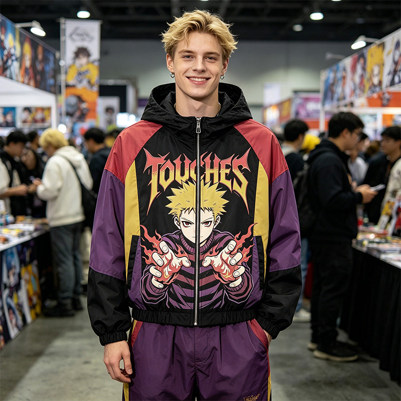 Patchwork Color Block Screen Anime Print Jacket