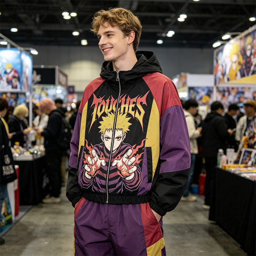 Patchwork Color Block Screen Anime Print Jacket |Hooded Windbreaker Jacket | Custom Streetwear Manufacturer