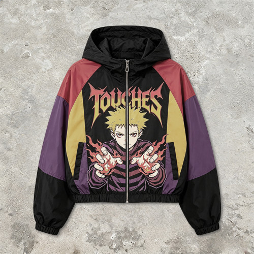 Patchwork Color Block Screen Anime Print Jacket |Hooded Windbreaker Jacket | Custom Streetwear Manufacturer