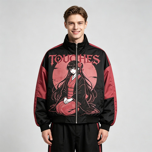 Screen Print Color Block Patchwork Anime Jacket | Gothic Cartoon Zip Up Jacket | Custom Streetwear