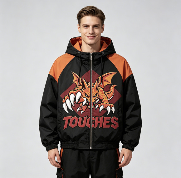 Applique Patchwork Hooded Jacket | Anime Dragon Graphic Zip Up Coat | Custom Streetwear Manufacturer