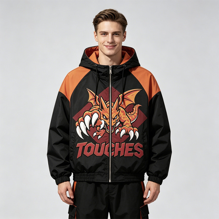 Applique Patchwork Hooded Jacket | Anime Dragon Graphic Zip Up Coat | Custom Streetwear Manufacturer