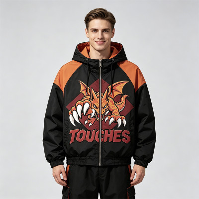 Applique Patchwork Hooded Jacket | Anime Dragon Graphic Zip Up Coat | Custom Streetwear Manufacturer