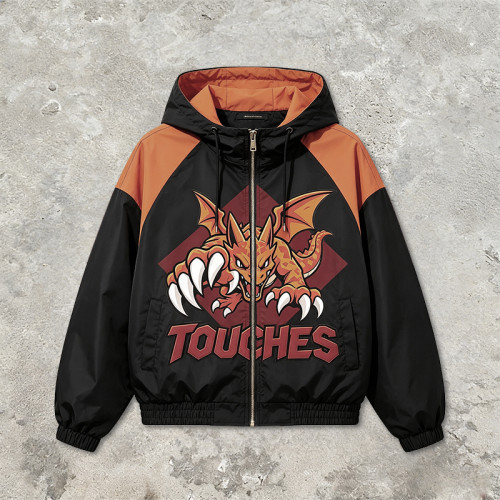 Applique Patchwork Hooded Jacket | Anime Dragon Graphic Zip Up Coat | Custom Streetwear Manufacturer