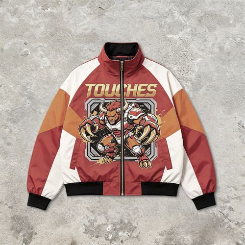 Screen Print Patchwork Color Block Jacket | Anime Graphic Stand Collar Jacket | Custom Streetwear