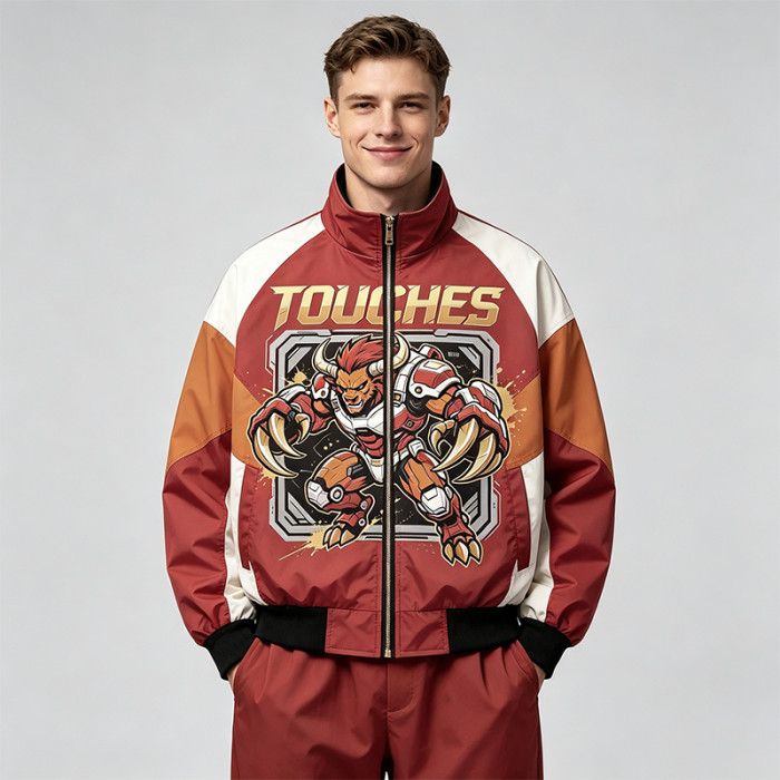 Screen Print Patchwork Color Block Jacket | Anime Graphic Stand Collar Jacket | Custom Streetwear