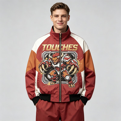 Screen Print Patchwork Color Block Jacket | Anime Graphic Stand Collar Jacket | Custom Streetwear