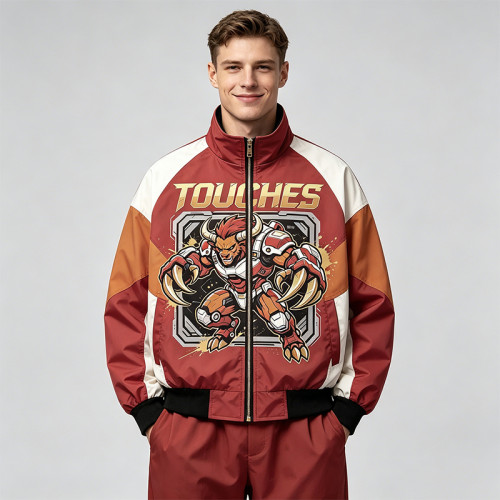 Screen Print Patchwork Color Block Jacket | Anime Graphic Stand Collar Jacket | Custom Streetwear