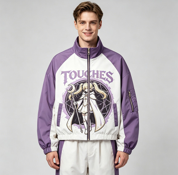 Screen Print Color Block Patchwork Anime Jacket | Cropped Windbreaker | Custom Streetwear Manufacturer