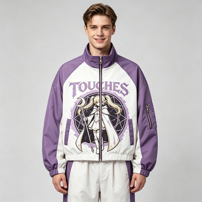 Screen Print Color Block Patchwork Anime Jacket | Cropped Windbreaker | Custom Streetwear Manufacturer