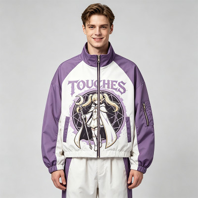 Screen Print Color Block Patchwork Anime Jacket | Cropped Windbreaker | Custom Streetwear Manufacturer