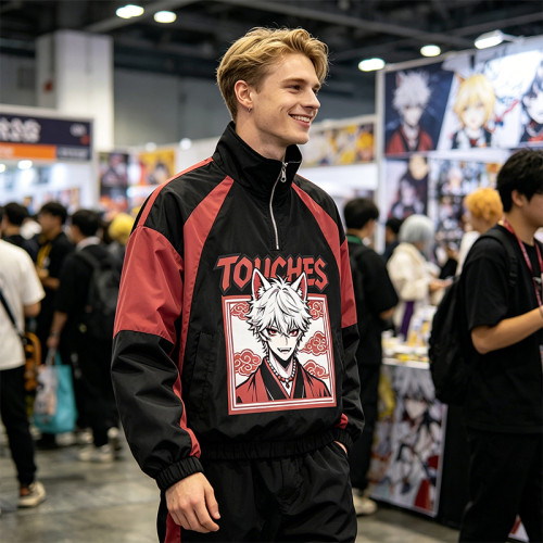 Patchwork Screen Print Rubber Print Anime Jacket | Color Block Half Zip Windbreaker | Custom Streetwear