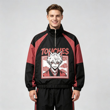 Patchwork Screen Print Rubber Print Anime Jacket | Color Block Half Zip Windbreaker | Custom Streetwear