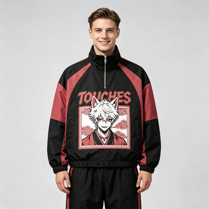 Patchwork Screen Print Rubber Print Anime Jacket | Color Block Half Zip Windbreaker | Custom Streetwear