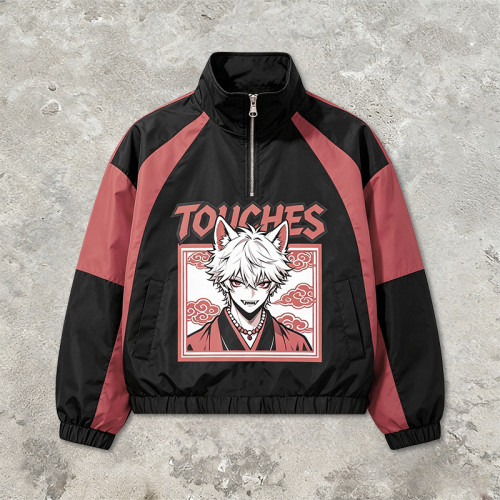 Patchwork Screen Print Rubber Print Anime Jacket | Color Block Half Zip Windbreaker | Custom Streetwear