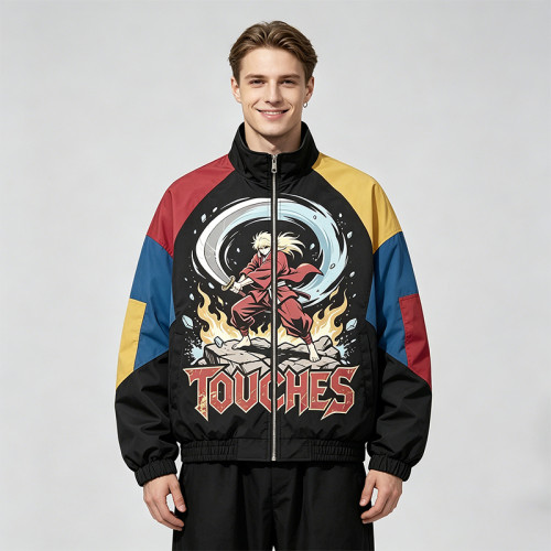 Patchwork DTG Print Anime Jacket | 100% Polyester Color Block Jacket | Clothing Manufacturer