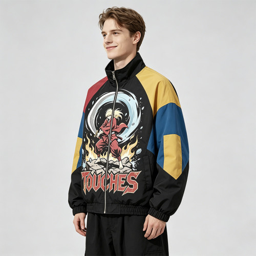 Patchwork DTG Print Anime Jacket | 100% Polyester Color Block Jacket | Clothing Manufacturer