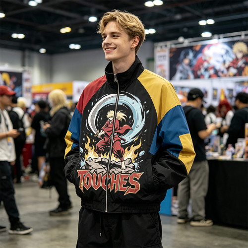 Patchwork DTG Print Anime Jacket | 100% Polyester Color Block Jacket | Clothing Manufacturer