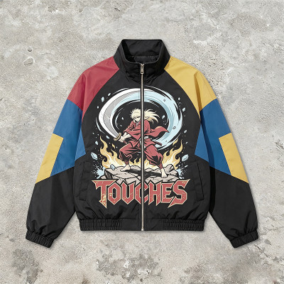 Patchwork DTG Print Anime Jacket | 100% Polyester Color Block Jacket | Clothing Manufacturer