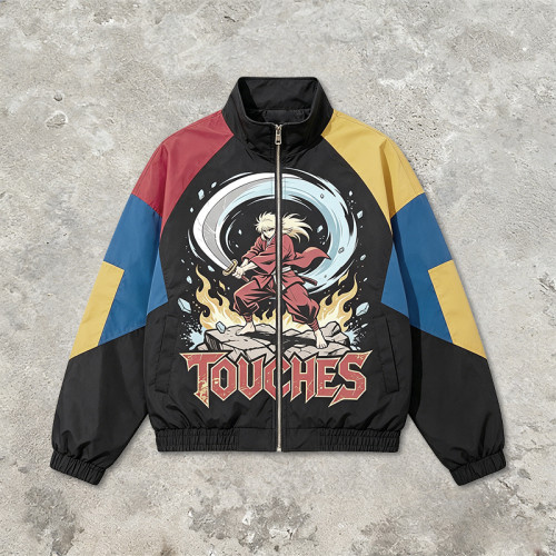 Patchwork DTG Print Anime Jacket | 100% Polyester Color Block Jacket | Clothing Manufacturer