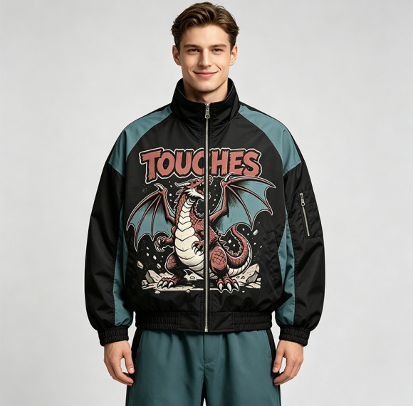 Patchwork DTG Print Dragon Graphic Jacket | Color Block Windbreaker | Custom Streetwear Manufacturer