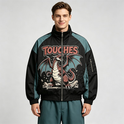 Patchwork DTG Print Dragon Graphic Jacket | Color Block Windbreaker | Custom Streetwear Manufacturer