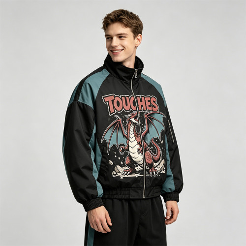 Patchwork DTG Print Dragon Graphic Jacket | Color Block Windbreaker | Custom Streetwear Manufacturer