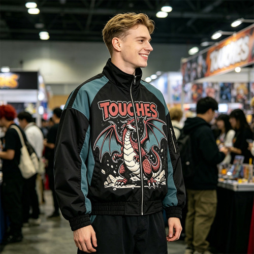 Patchwork DTG Print Dragon Graphic Jacket | Color Block Windbreaker | Custom Streetwear Manufacturer