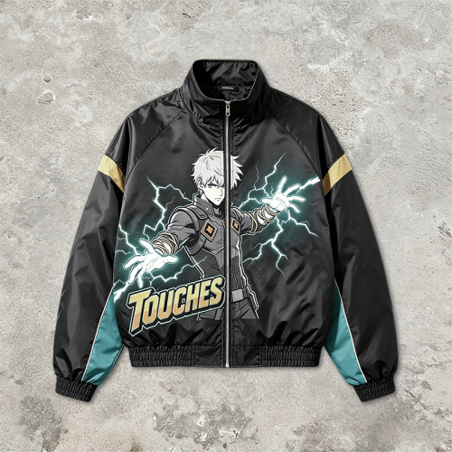 DTG Print Patchwork Anime Bomber Jacket | 100% Polyester Zip Up Streetwear | Custom Streetwear Manufacturer