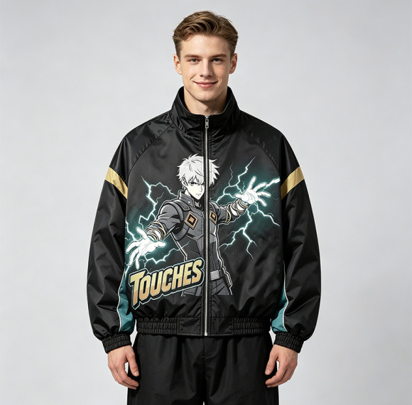 DTG Print Patchwork Anime Bomber Jacket | 100% Polyester Zip Up Streetwear | Custom Streetwear Manufacturer