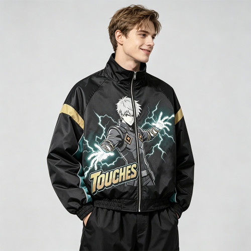 DTG Print Patchwork Anime Bomber Jacket | 100% Polyester Zip Up Streetwear | Custom Streetwear Manufacturer