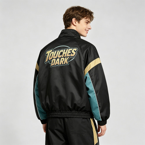 DTG Print Patchwork Anime Bomber Jacket | 100% Polyester Zip Up Streetwear | Custom Streetwear Manufacturer